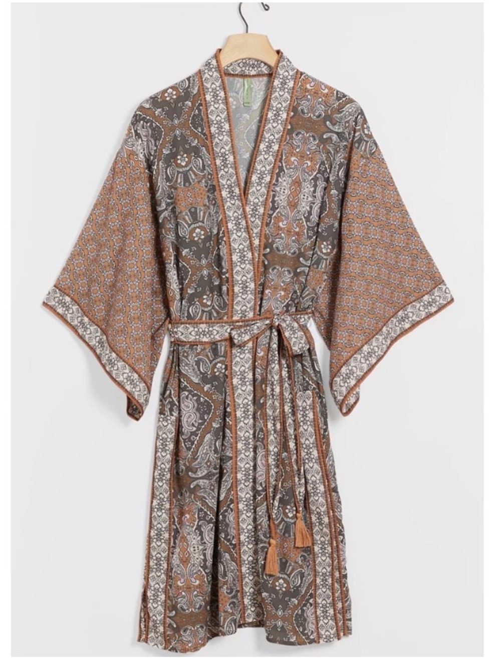 New Anthropologie Alana Gunn Oxley Paisley Boho Tan Kimono Duster Belted Robe M